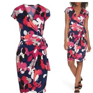 Maggy London Blue and Pink Floral Midi wrap Dress
